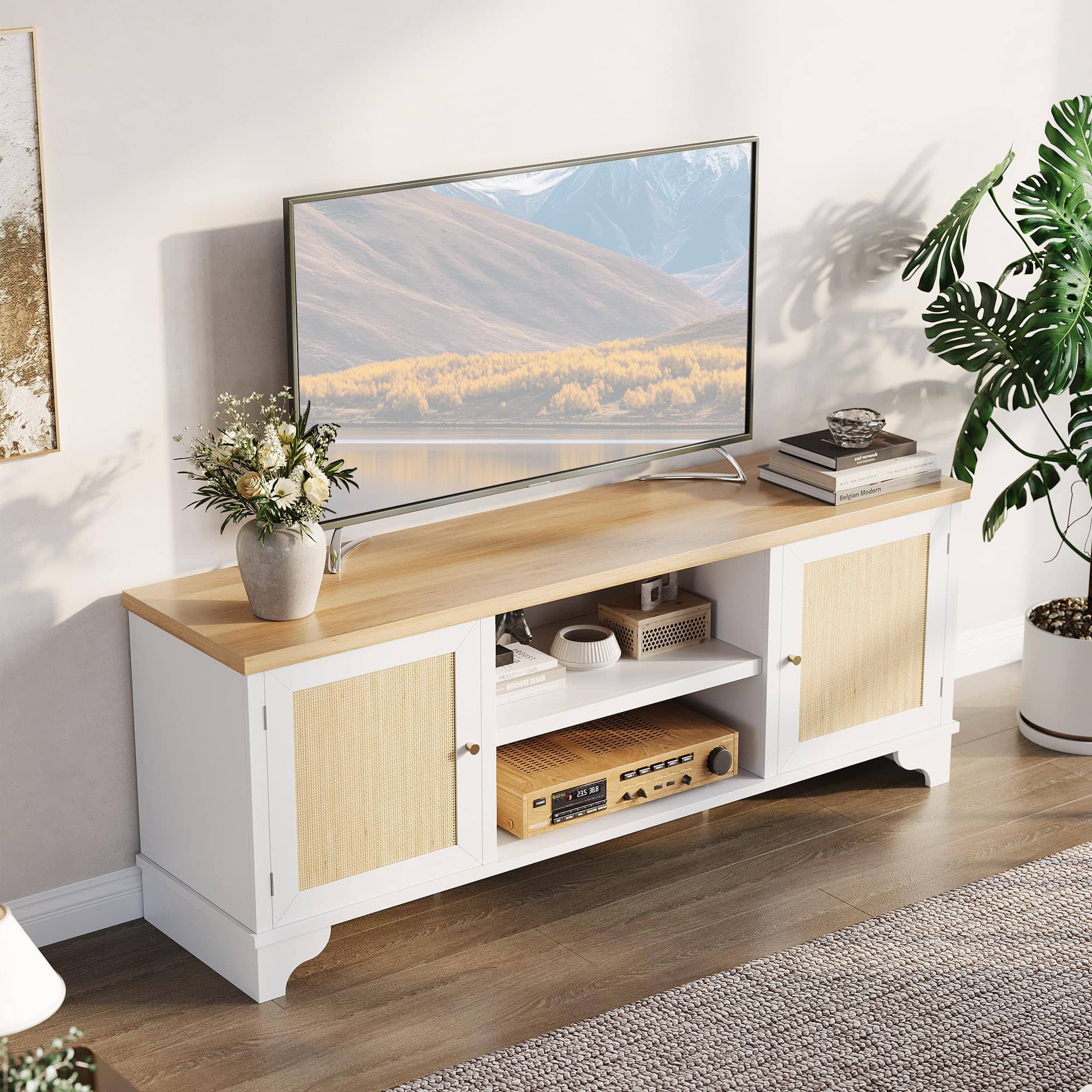 Acekool - Bohemian Media Console for 70 Inch TVs, 2 Door Storage Cabinets and Open Shelves, Rattan TV Stand Entertainment Center - White