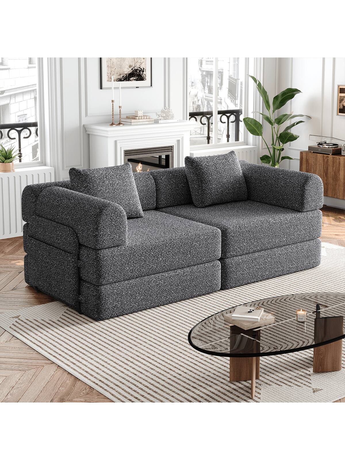 Alt View 1. Trinkets Crazed - Convertible Sofa Bed, 72.4" Loveseat Sofa With Storage Pockets Modular Sleeper Couch Chenille Folding Floor Couch - Gray.
