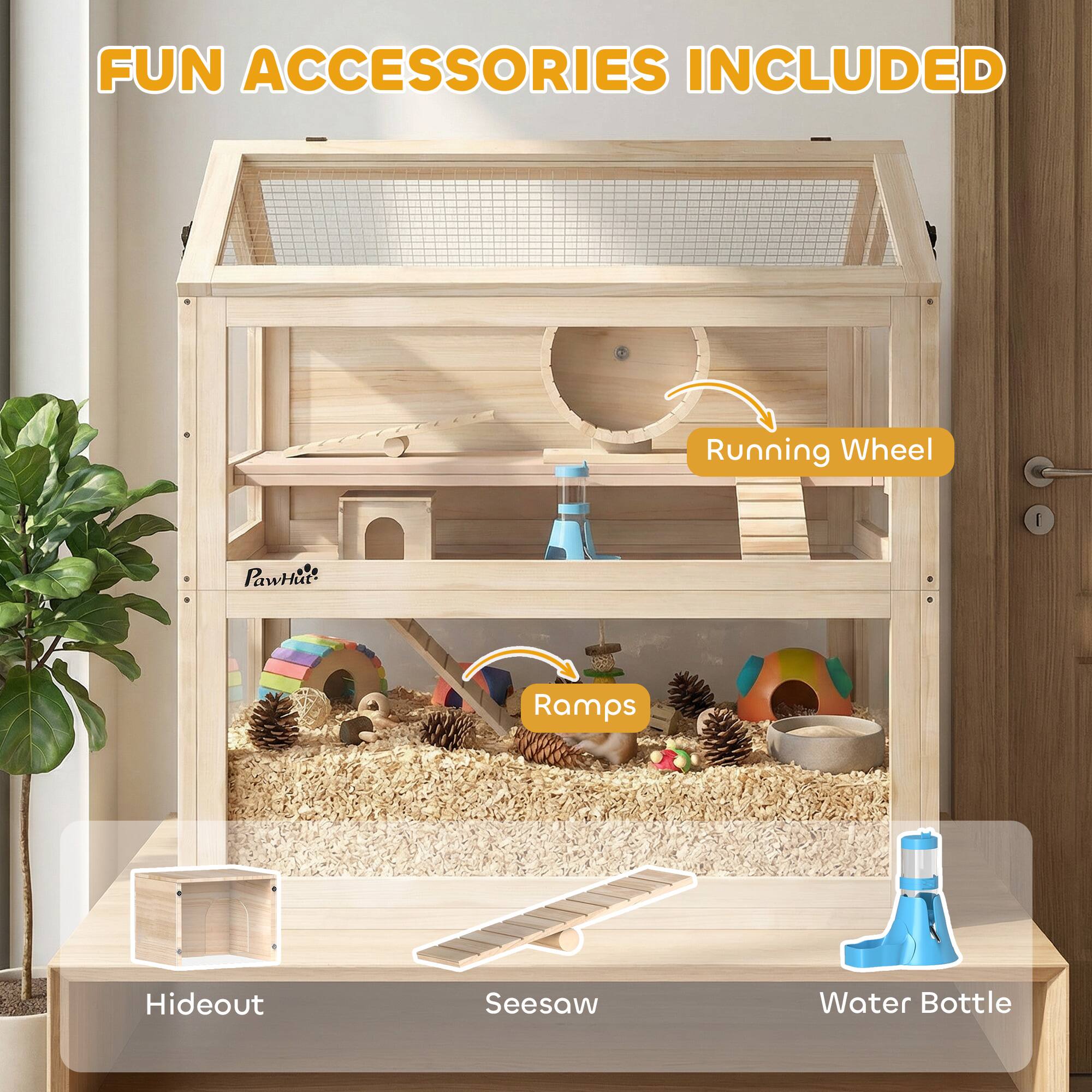 FUN ACCESSORIES INCLUDED  
- Running Wheel  
- Ramps  
- Hideout  
- Seesaw  
- Water Bottle