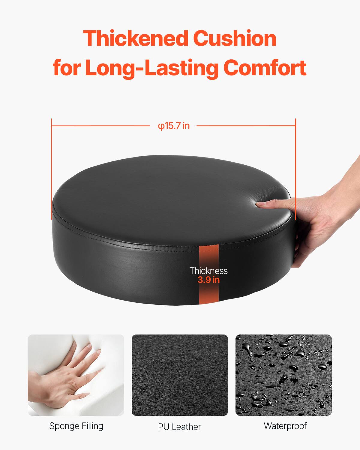 Thickened Cushion for Long-Lasting Comfort, 15.7 in, Thickness 3.9 in, Sponge Filling, PU Leather, Waterproof