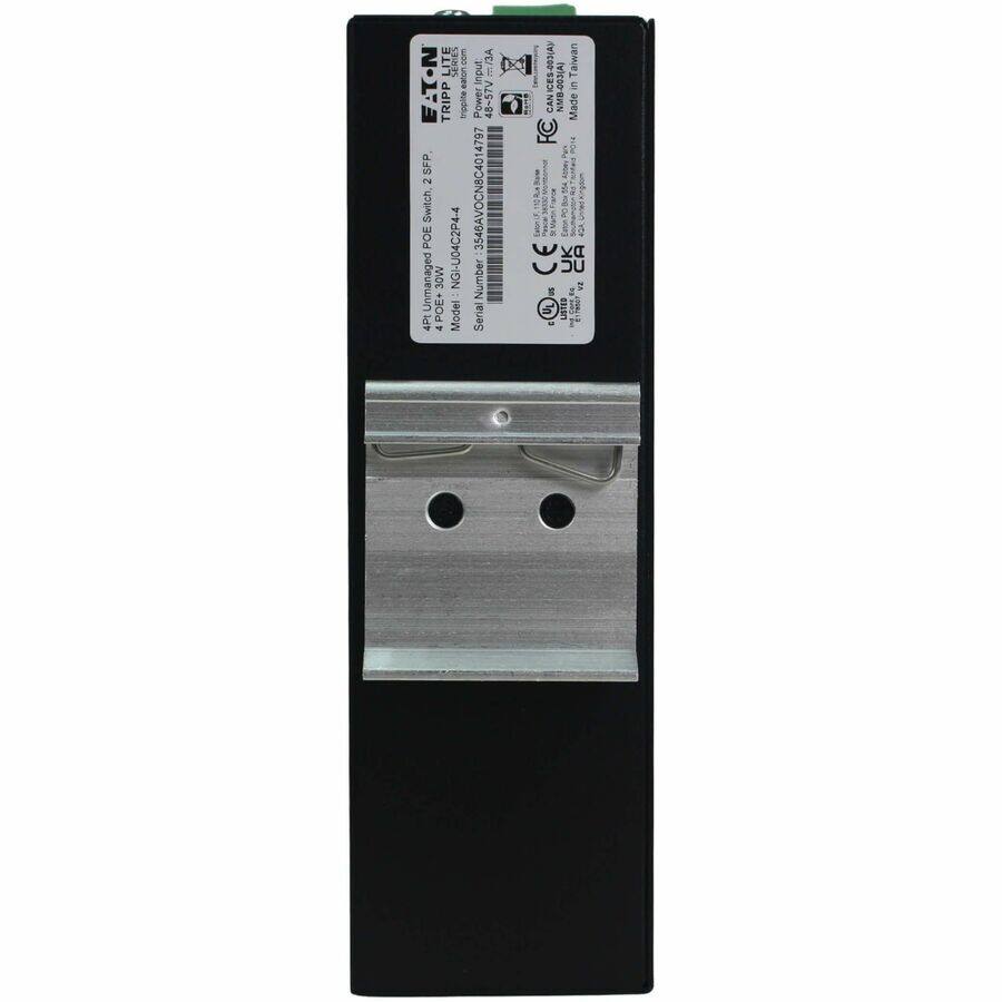 EATON TRIPP LITE  
4-Port Unmanaged 30W POE+ Switch  
Model: NGI-U04C2P4-4  
Serial Number: 354641  
3546AVOCN8C4014797  
Made in Taiwan  
CE, FCC, UK, CA, etc.
