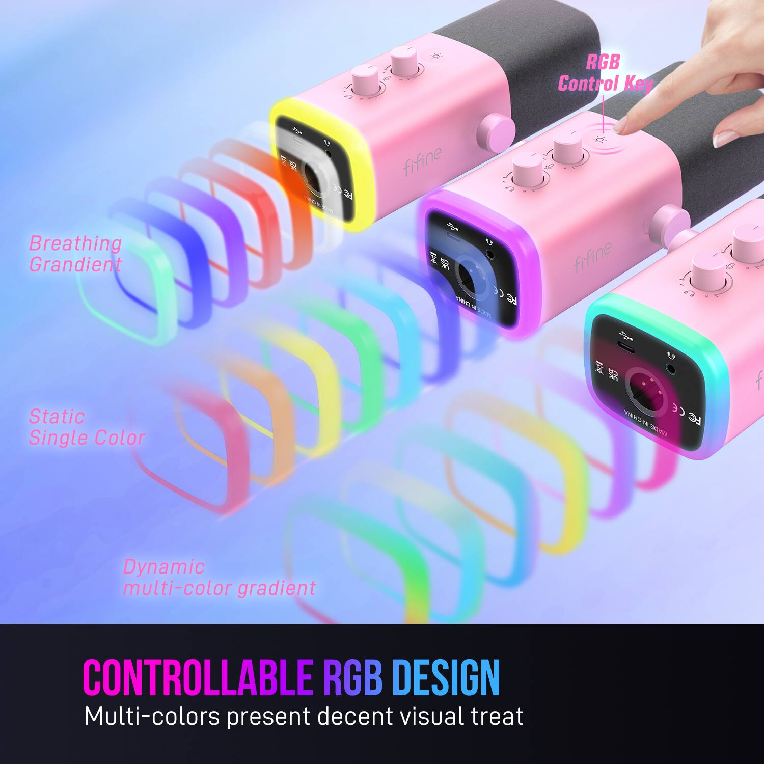 The text on the image can be grouped and corrected as follows:

* RGB Control Key: Breathing Grandient 7 13 3  fifine
* Static Single Color: VO CE FE KC KO
* Dynamic multi-color gradient: CONTROLLABLE RGB DESIGN Multi-colors present decent visual treat