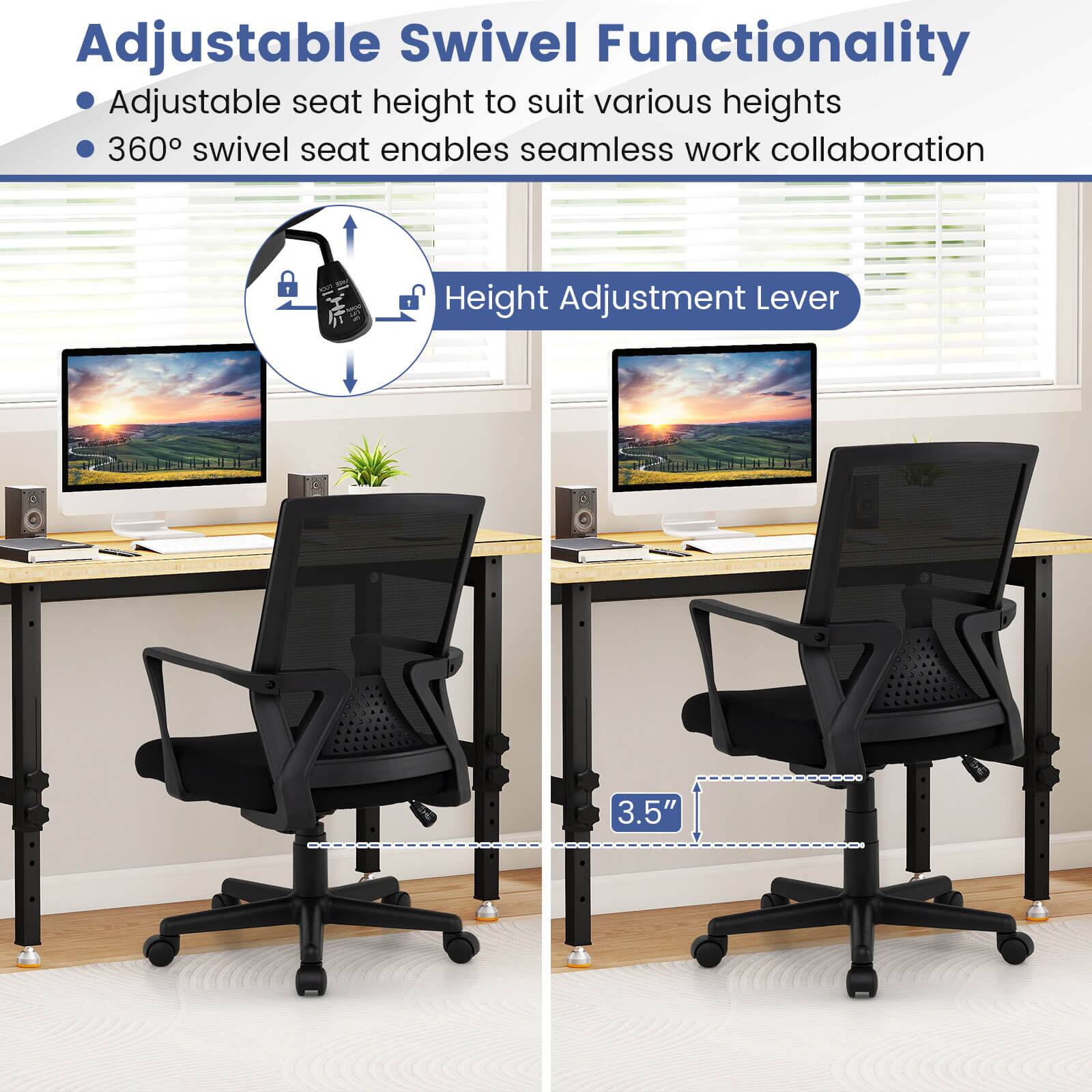 Adjustable Swivel Functionality  
Adjustable seat height to suit various heights  
360° swivel seat enables seamless work collaboration  

Height Adjustment Lever  

3.5"