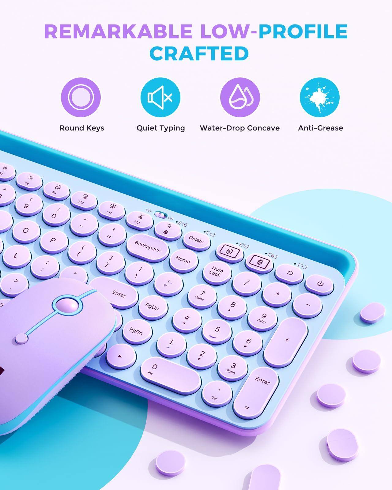 REMARKABLE LOW-PROFILE CRAFTED

- Round Keys
- Quiet Typing
- Water-Drop Concave
- Anti-Grease

* 7 8 9 0 - = Backspace
* 4 5 6 + Enter
* 1 2 3 0 . Del
* Q W E R T Y U I O P [ ] \
* A S D F G H J K L ; '
* Z X C V B N M , . /
* Shift Num Lock / Enter
* F1 F2 F3 F4 F5 F6 F7 F8 F9 F10 F11 F12
* Delete Home PgUp 7 8 9
* PgDn 4 5 6
* Ins