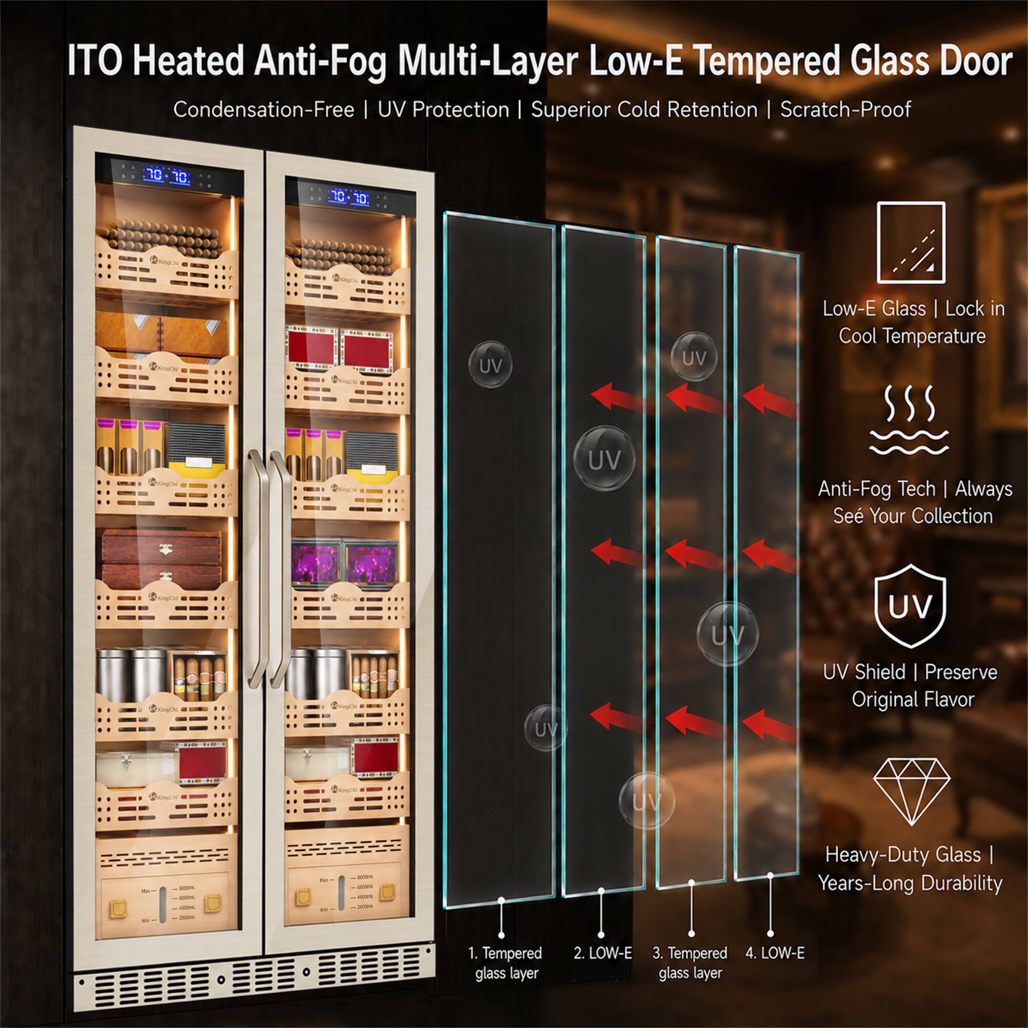 ITO Heated Anti-Fog Multi-Layer Low-E Tempered Glass Door  
Condensation-Free | UV Protection | Superior Cold Retention | Scratch-Proof

1. Tempered glass layer
2. LOW-E glass layer
3. Tempered glass layer
4. LOW-E glass layer

Low-E Glass | Lock in Cool Temperature

Anti-Fog Tech | Always See Your Collection

UV Shield | Preserve Original Flavor

Heavy-Duty Glass | Years-Long Durability