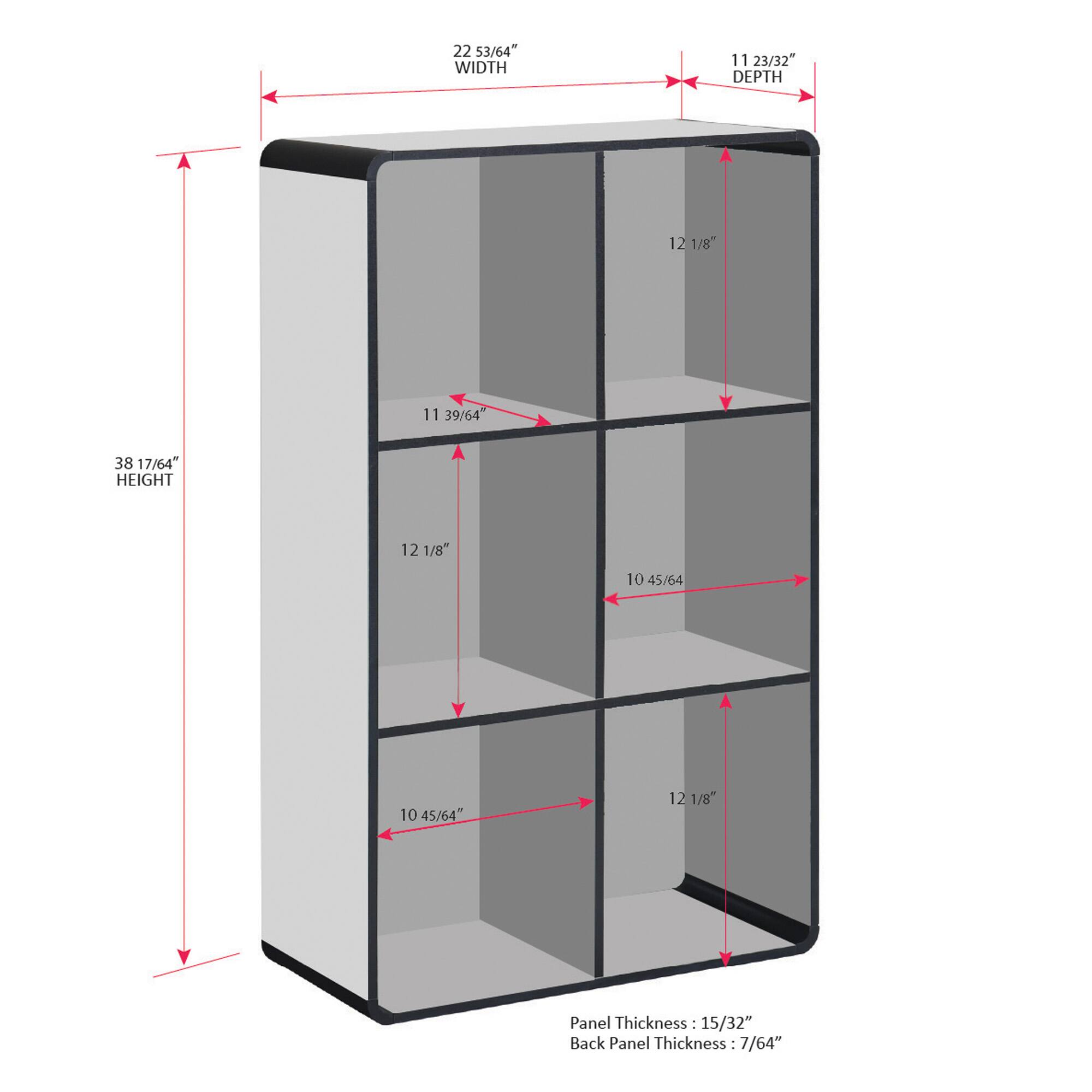 22 53/64" WIDTH  
11 23/32" DEPTH  
12 1/8"  
11 39/64"  
38 17/64" HEIGHT  
12 1/8"  
10 45/64"  
10 45/64"  
12 1/8"  

Panel Thickness: 15/32"  
Back Panel Thickness: 7/64"
