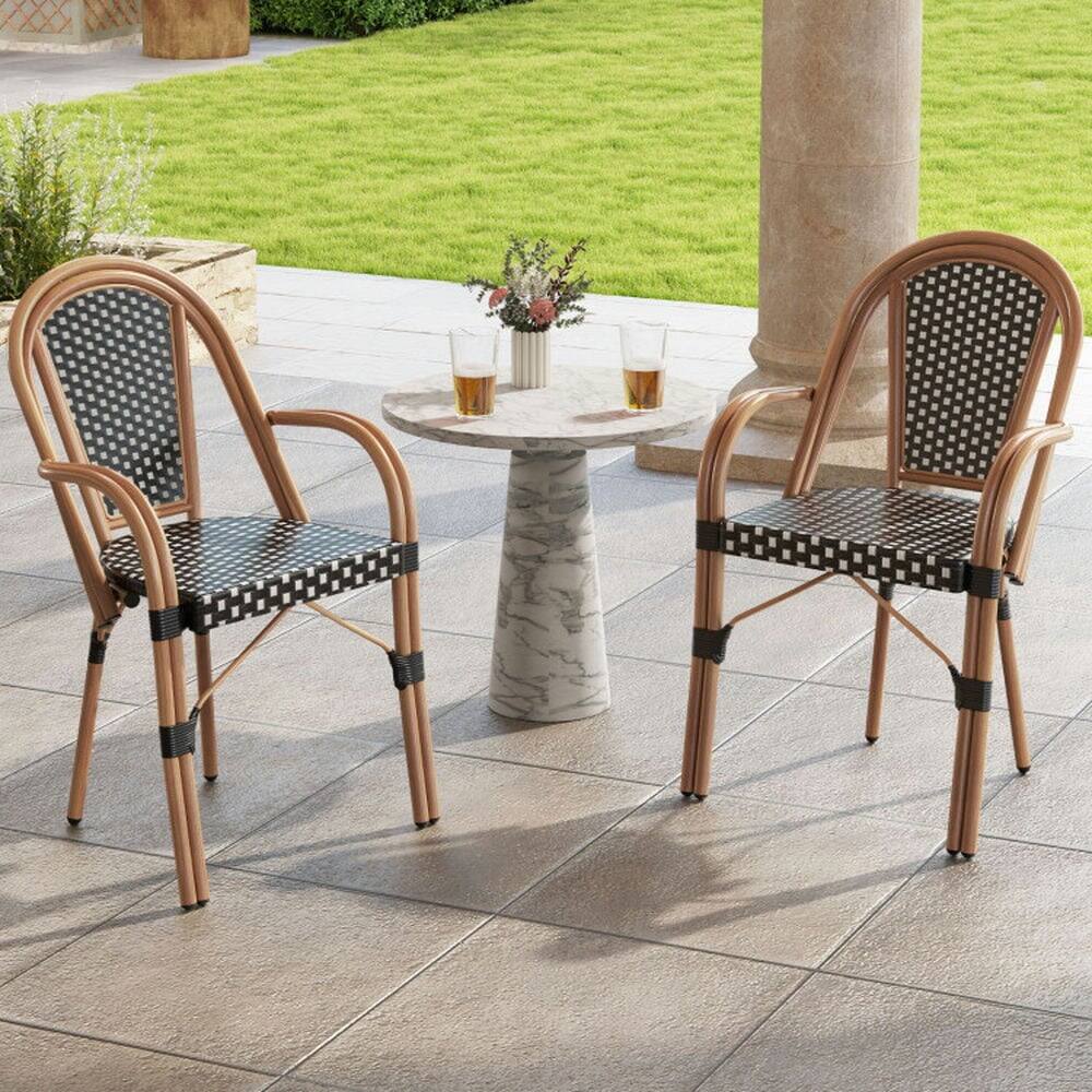 Angle. Pefilos - Hand-Woven PE Wicker Outdoor French Bistro Chairs Set of 2, Seating & Patio Chair for Outdoor as Garden, Yard, Black - Black.
