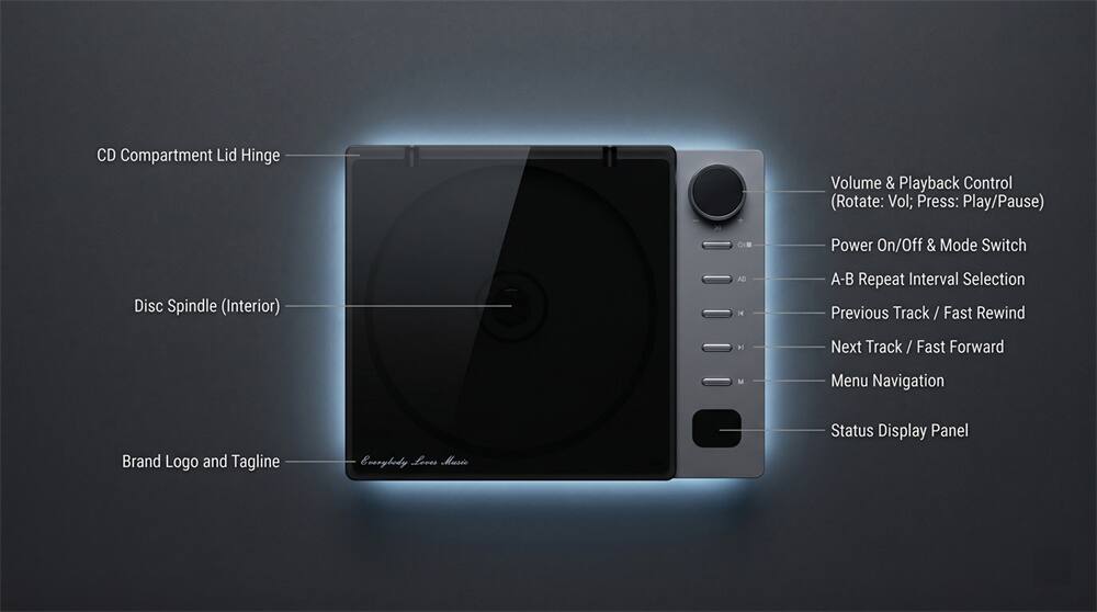CD Compartment Lid Hinge  
Volume & Playback Control (Rotate: Vol; Press: Play/Pause)  
Power On/Off & Mode Switch  
Disc Spindle (Interior)  
A-B Repeat Interval Selection  
Previous Track / Fast Rewind  
Next Track / Fast Forward  
Menu Navigation  
Brand Logo and Tagline  
Status Display Panel