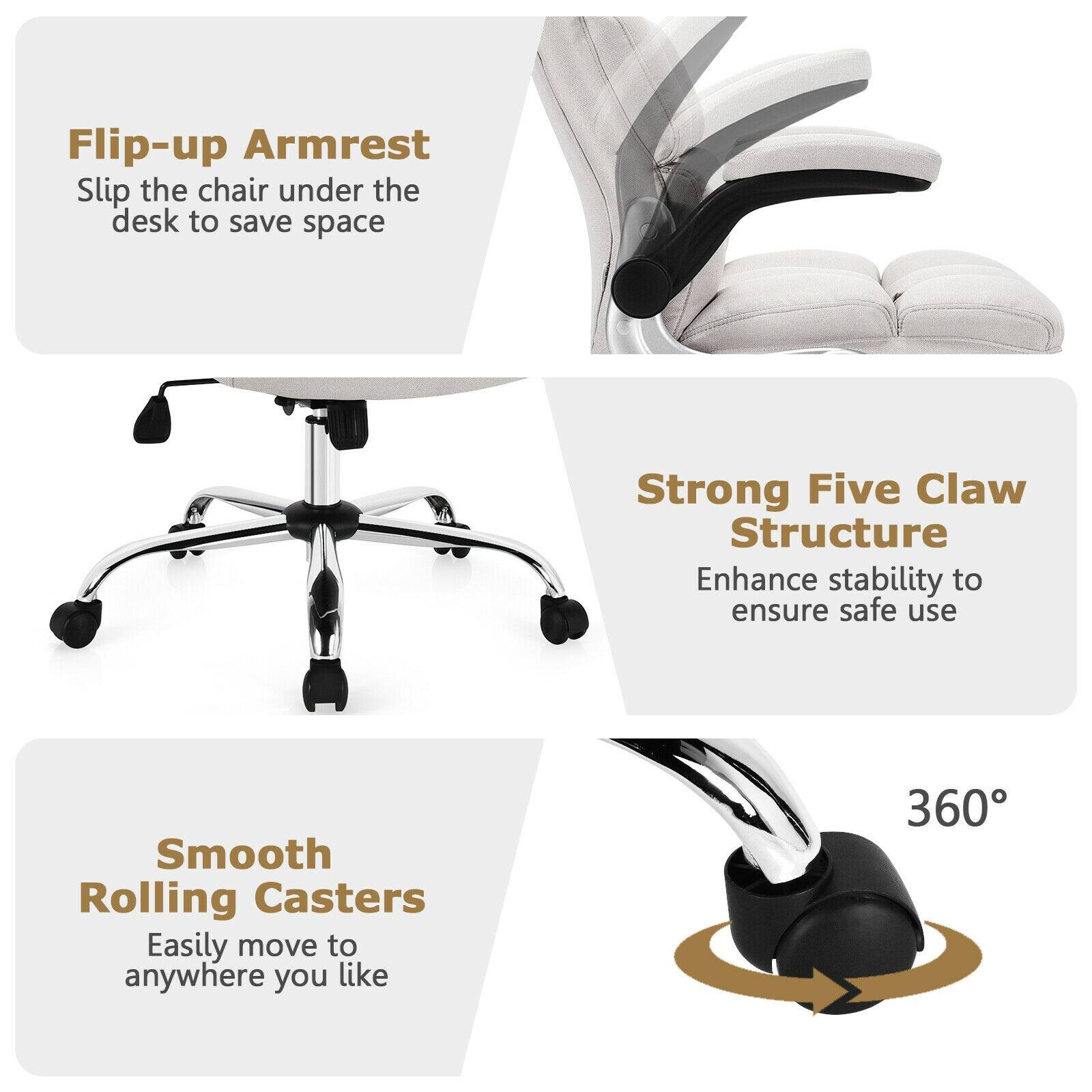 Flip-up Armrest  
Slip the chair under the desk to save space

Strong Five Claw Structure  
Enhance stability to ensure safe use

Smooth Rolling Casters  
Easily move to anywhere you like

360°