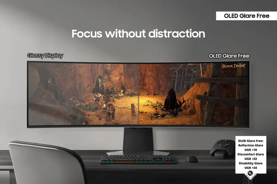 OLED Glare Free: Focus without distraction Glossy Display OLED Glare Free: Black Desert OLED Glare Free: Reflection Glare UGR <10 Discomfort Glare UGR <22 Disability Glare UGR <34 UL I BNEENRA