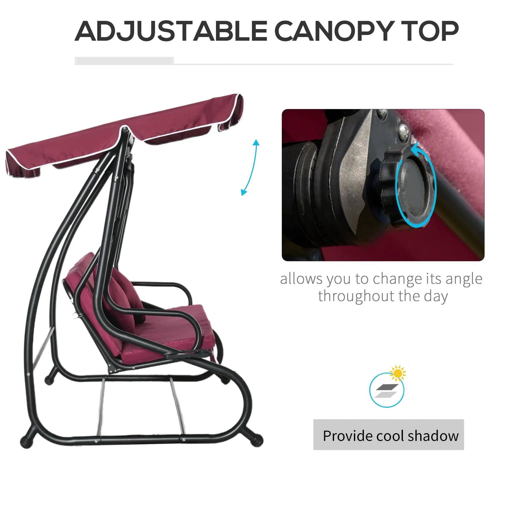 The text in the image can be grouped and corrected as follows:

**ADJUSTABLE CANOPY TOP**

- Allows you to change its angle throughout the day.
- Provides cool shade.