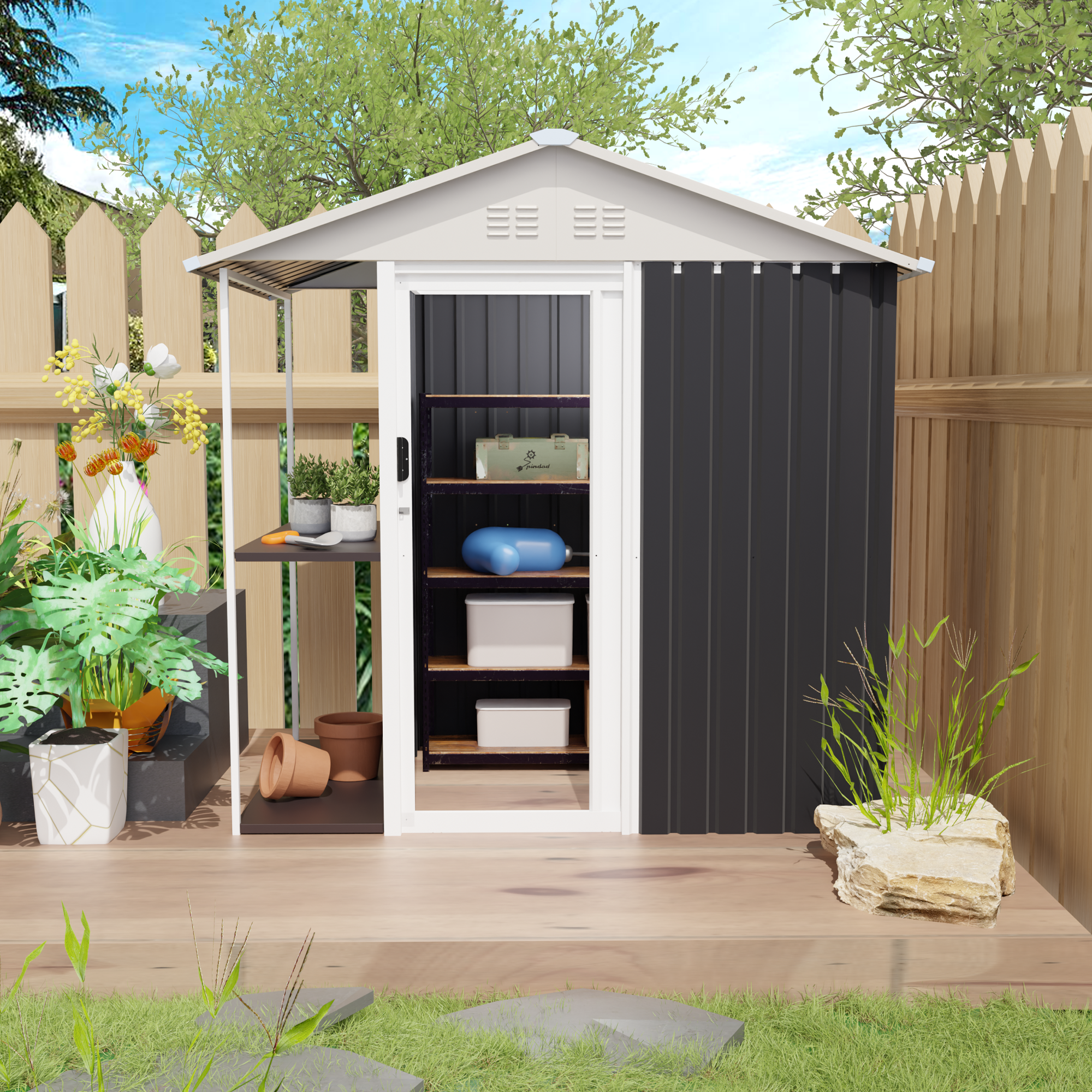 Left. Anysun - 6 x 4 FT Outdoor Storage Shed with Rack – Metal Garden Shed with Storage Shelves, for Lawn, Backyard, Patio Use - Grey.