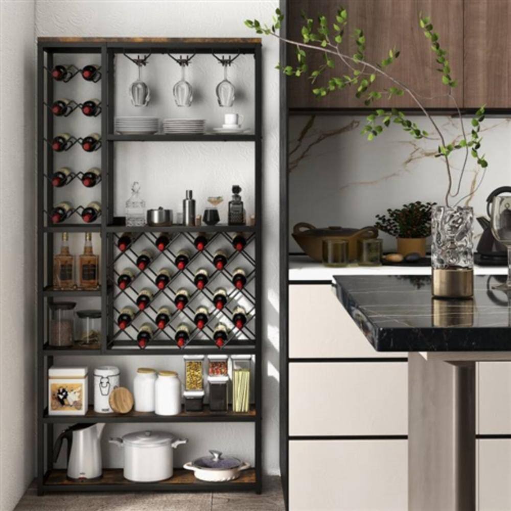 Left. Hivvago - Heavy Duty Industrial Metal Wood 6 Tier Wine Rack Kitchen Storage Shelving Unit - Black, Brown.