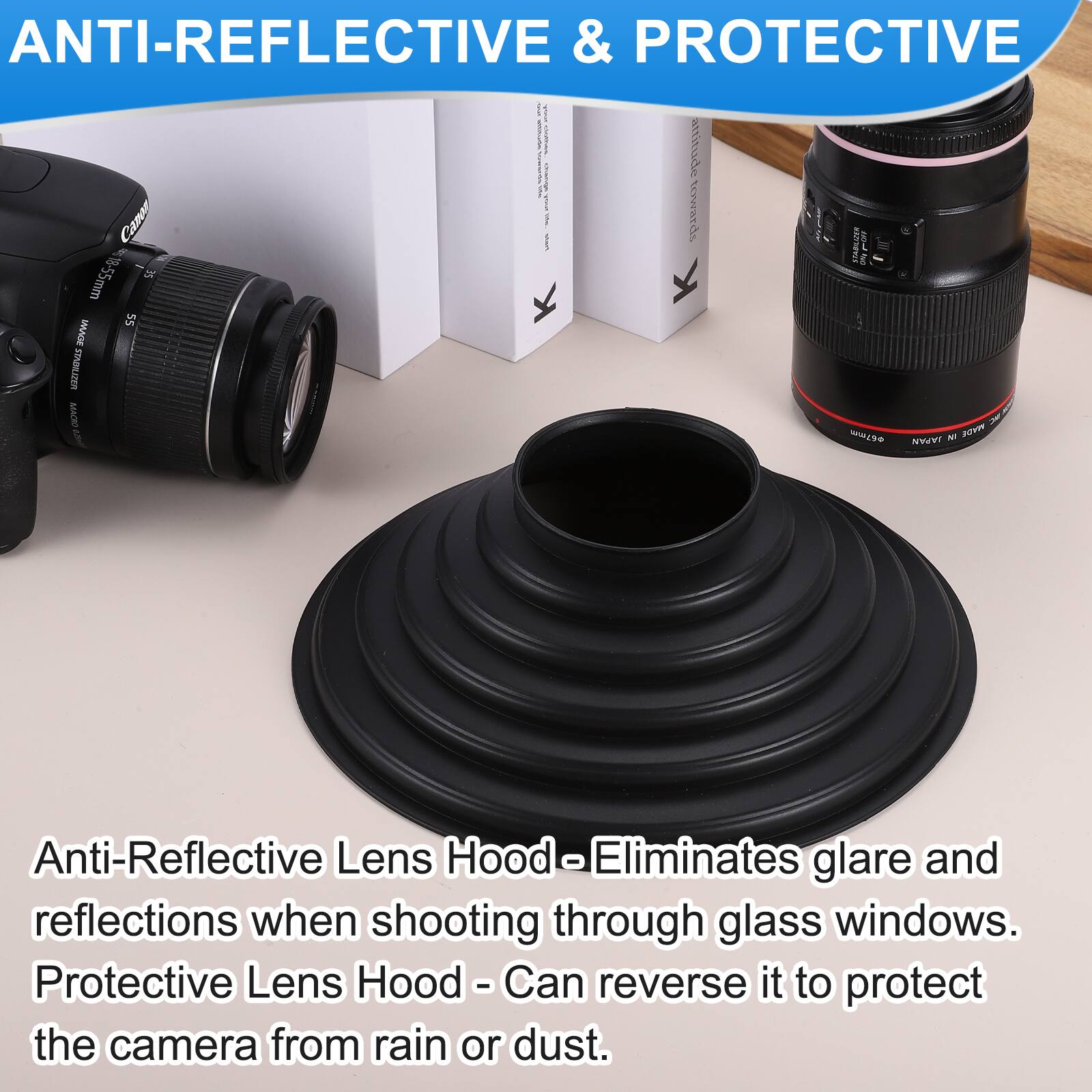 ANTI-REFLECTIVE & PROTECTIVE

Anti-Reflective Lens Hood - Eliminates glare and reflections when shooting through glass windows.

Protective Lens Hood - Can reverse it to protect the camera from rain or dust.