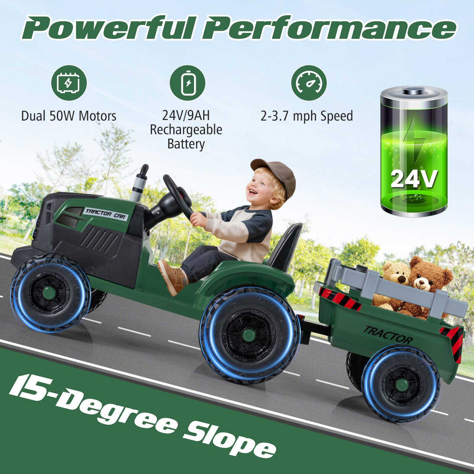 Powerful Performance

- Dual 50W Motors
- 24V/9AH Rechargeable Battery
- 2-3.7 mph Speed
- 15-Degree Slope

24V