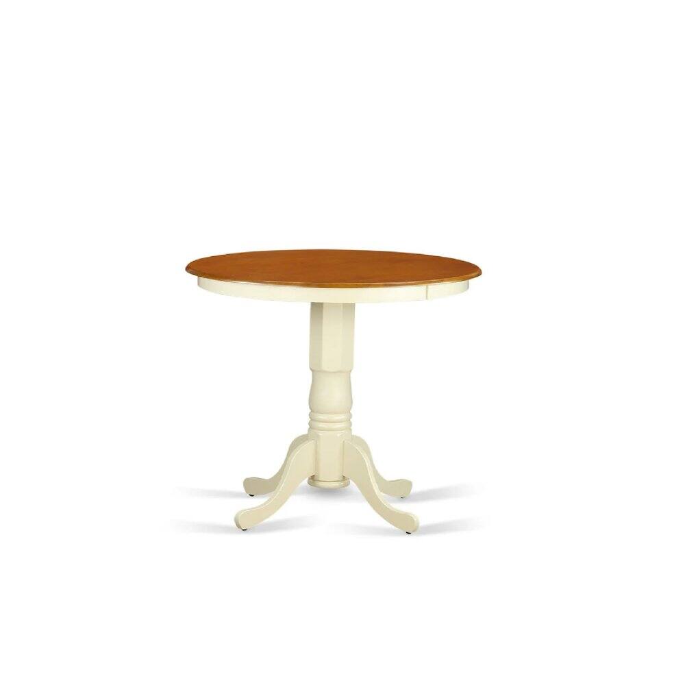 Left. East West Furniture - 3 Pc counter height Dining room set - counter height Table and 2 Dining Chairs. - Buttermilk & Cherry.