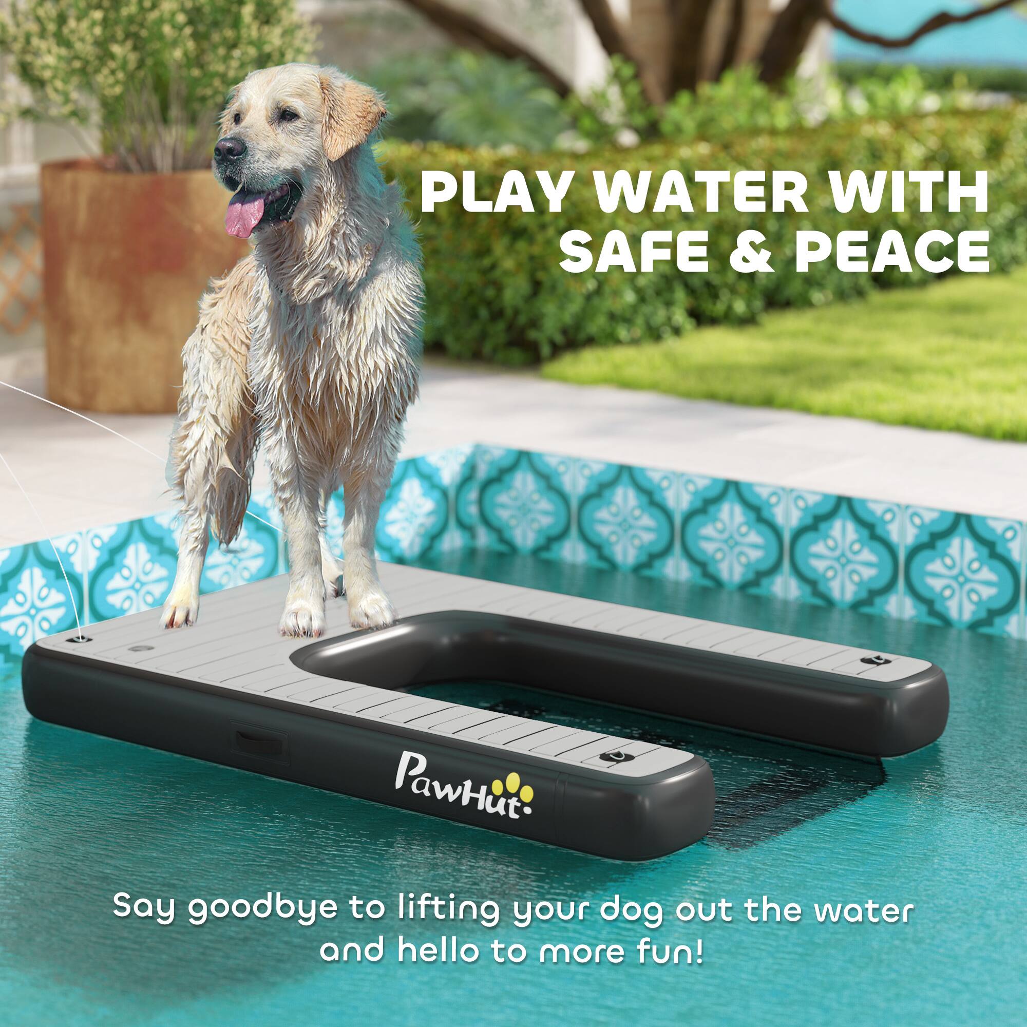 Back. Pawhut - Inflatable Dog Boat Ramp, Floating Water Ramp for Dogs Up to 286 lbs, Safe & Easy, Non-Slip EVA Steps for Boat, Dock - Gray.