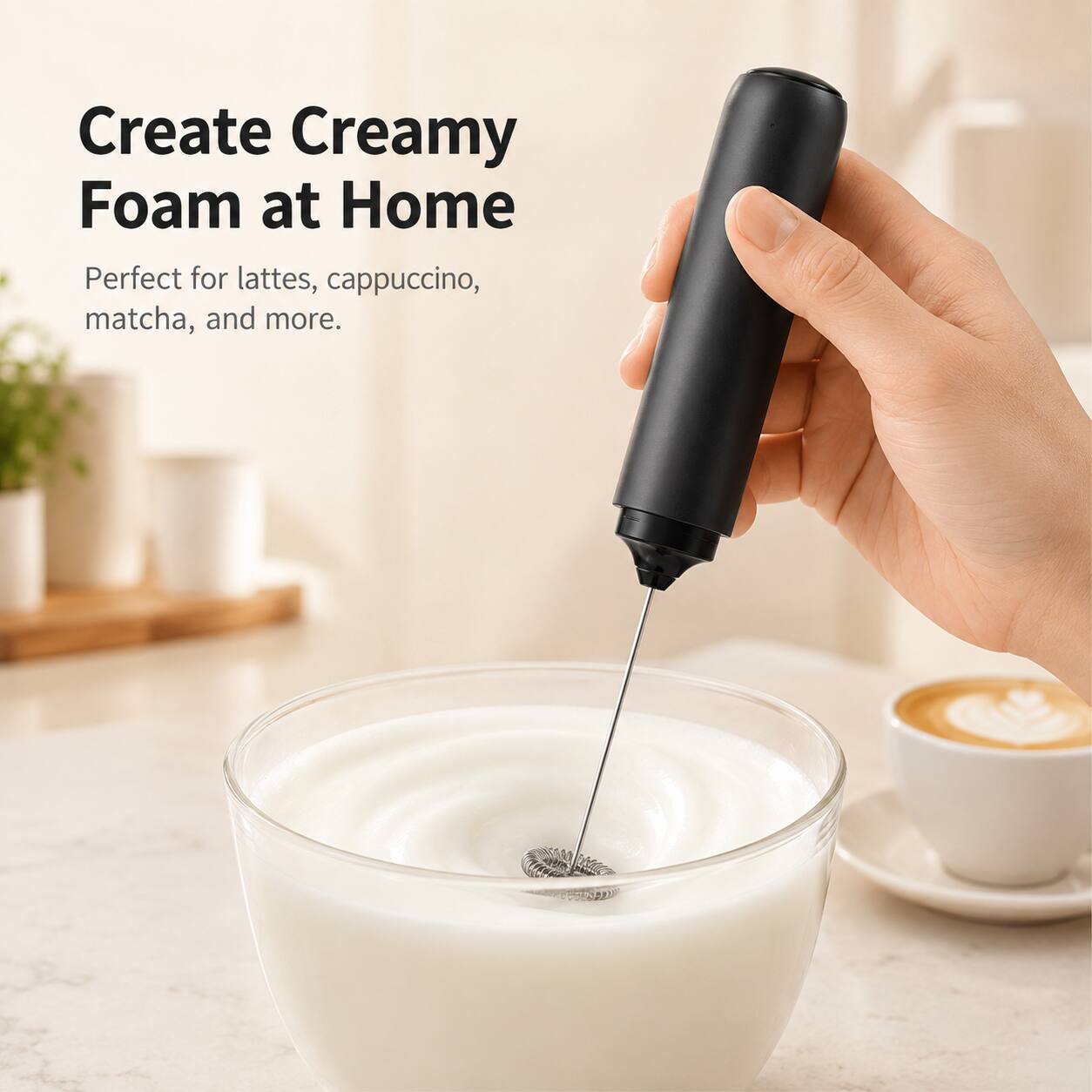 Create Creamy Foam at Home  
Perfect for lattes, cappuccino, matcha, and more.