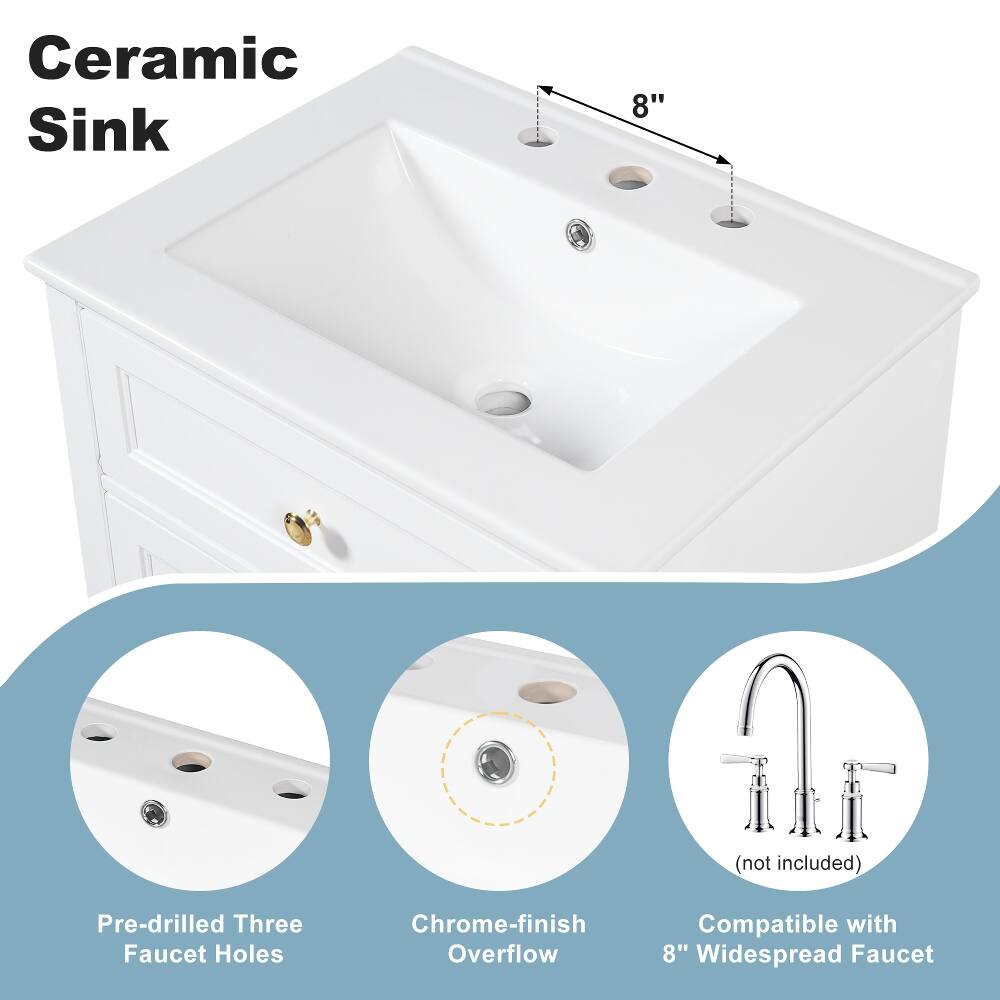 Ceramic Sink

8" (not included)

Pre-drilled Three Faucet Holes

Chrome-finish Overflow

Compatible with 8" Widespread Faucet