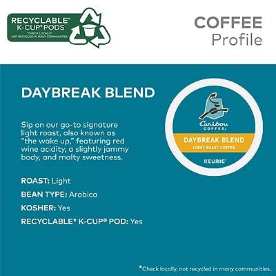**COFFEE Profile**

**DAYBREAK BLEND**

Sip on our go-to signature light roast, also known as "the wake up," featuring red wine acidity, a slightly jammy body, and malty sweetness.

- **ROAST:** Light
- **BEAN TYPE:** Arabica
- **KOSHER:** Yes
- **RECYCLABLE* K-CUP POD:** Yes

*Check locally, not recycled in many communities.

**RECYCLABLE K-CUP PODS**
*Not recycled in many communities.