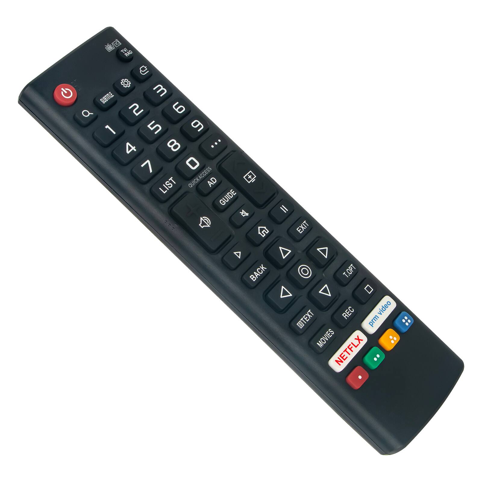 Sure, here is the corrected and grouped text from the image:

- T B 8 G SUBTITLE 3 Q 2 6 1 5 9 4 8 ... 7 O QUICKACCESS + LIST AD GUIDE D n A BACK = EXIT T.OPT REC video TEXT prm MOVIES NETFLX

- PLAY
- RADIO
- SMART
- LIST
- QUICKACCESS
- AD
- GUIDE
- EXIT
- BACK
- TEXT
- REC
- MOVIES
- NETFLIX
- prm video