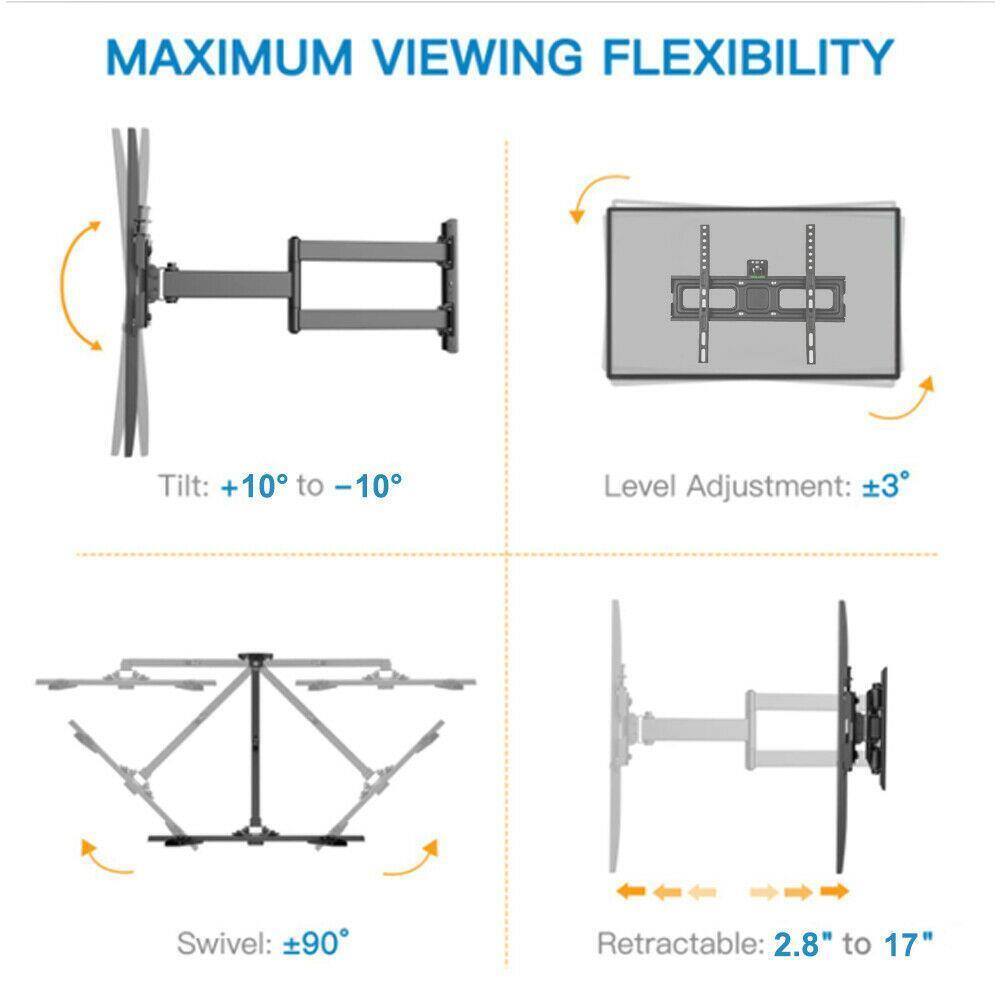 MAXIMUM VIEWING FLEXIBILITY

- Tilt: +10° to -10°
- Level Adjustment: ±3°
- Swivel: ±90°
- Retractable: 2.8" to 17"