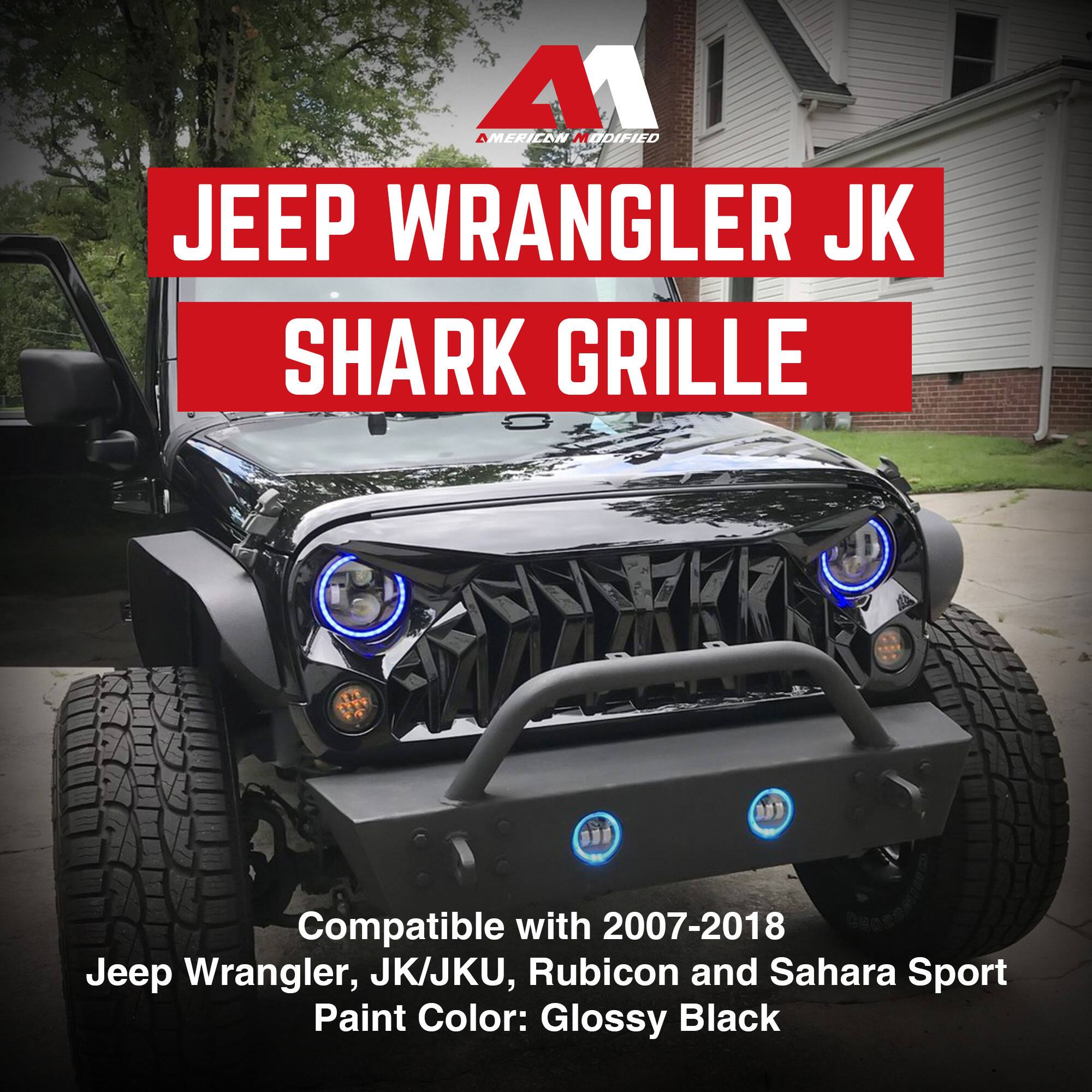 A MERICON MODIFIED  
JEEP WRANGLER JK  
SHARK GRILLE  

Compatible with 2007-2018 Jeep Wrangler, JK/JKU, Rubicon and Sahara Sport  
Paint Color: Glossy Black