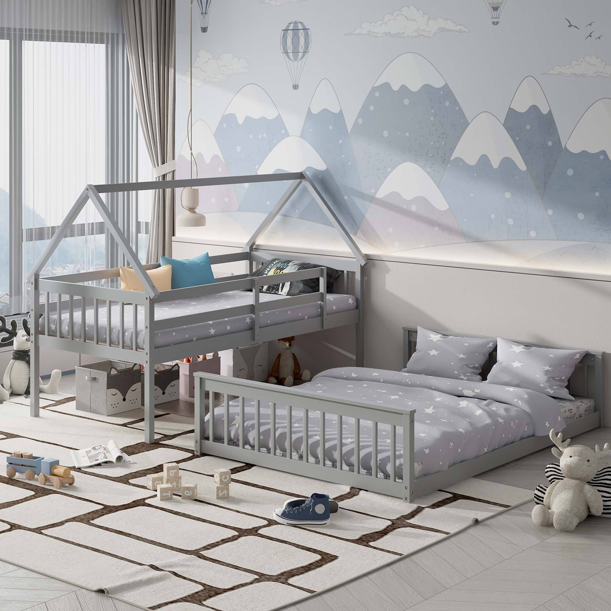 Alt View 2. Costway - Costway Twin Over Full House Bunk Bed with Ladder & Guardrails Convertible to 2 Beds - Grey.