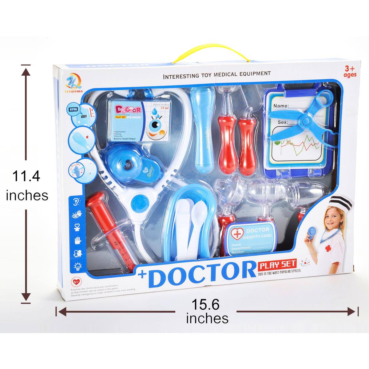 INTERESTING TOY MEDICAL EQUIPMENT  
3+ ages  

DOCTOR PLAY SET  
THIS IS THE MOST POPULAR STYLES.  

Name:  
Sex:  
Number:  

11.4 inches  
15.6 inches