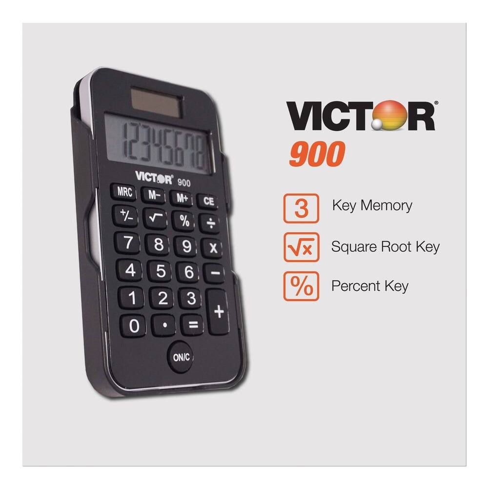 VICTOR 900

12345678

MRC M- M+ CE +/- % √x %

7 8 9 X
4 5 6 -
1 2 3 +
0 . =
ON/C

3 Key Memory
√x Square Root Key
% Percent Key