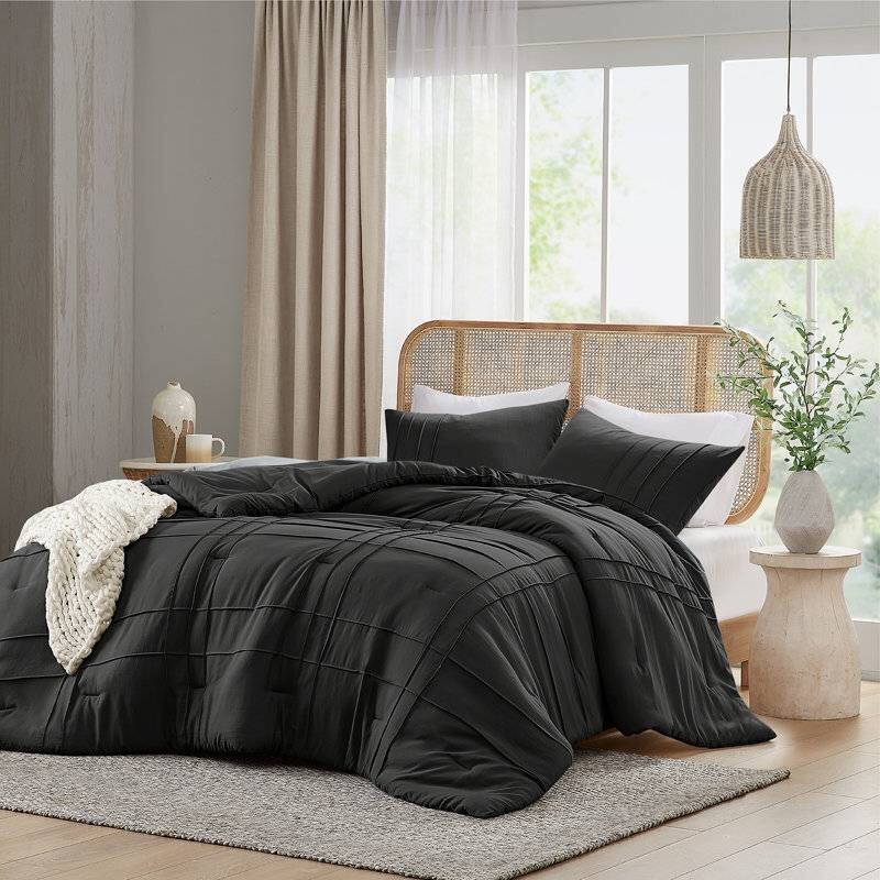 Angle. Hivvago - Twin/Twin XL Pre-Washed Pleated Microfiber Comforter Set in Black - Black.