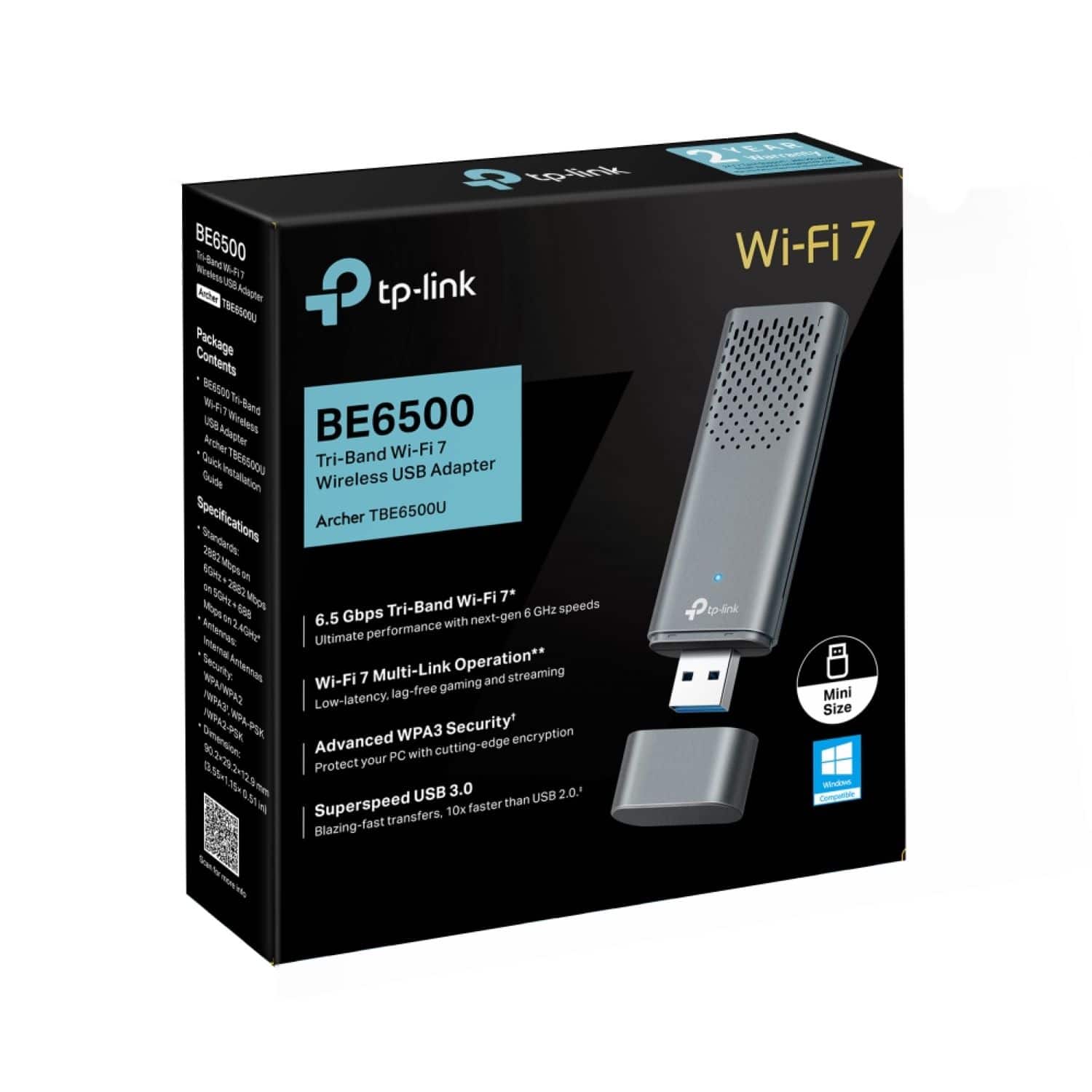 The box contains a TP-Link BE6500 Wi-Fi 7 USB adapter, which is a tri-band device that supports Wi-Fi 7 and USB 3.0. The adapter is designed for use with Windows, Mac, and Linux operating systems. The package also includes a USB cable and a user manual. The device is compatible with both USB 2.0 and USB 3.0, and it offers a range of features such as multi-link operation, low-latency gaming, and advanced security encryption.