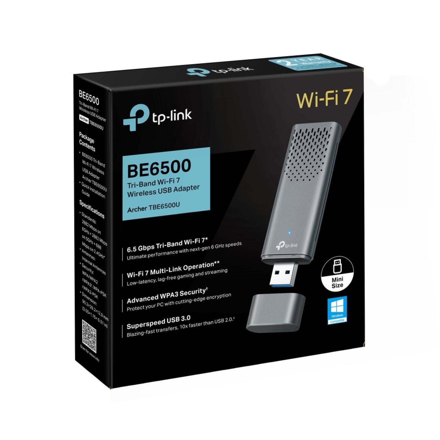 The box contains a TP-Link BE6500 Wi-Fi 7 USB adapter, which is a tri-band device that supports Wi-Fi 7 and USB 3.0. The adapter is designed for use with Windows, Mac, and Linux operating systems. The package also includes a USB cable and a user manual. The device is compatible with both USB 2.0 and USB 3.0, and it offers a range of features such as multi-link operation, low-latency gaming, and advanced security encryption.