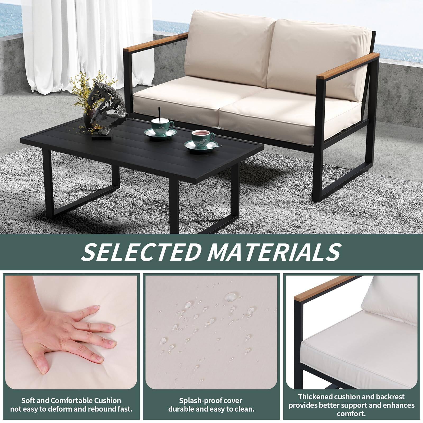 SELECTED MATERIALS

- Soft and Comfortable Cushion not easy to deform and rebound fast.
- Splash-proof cover durable and easy to clean.
- Thickened cushion and backrest provides better support and enhances comfort.