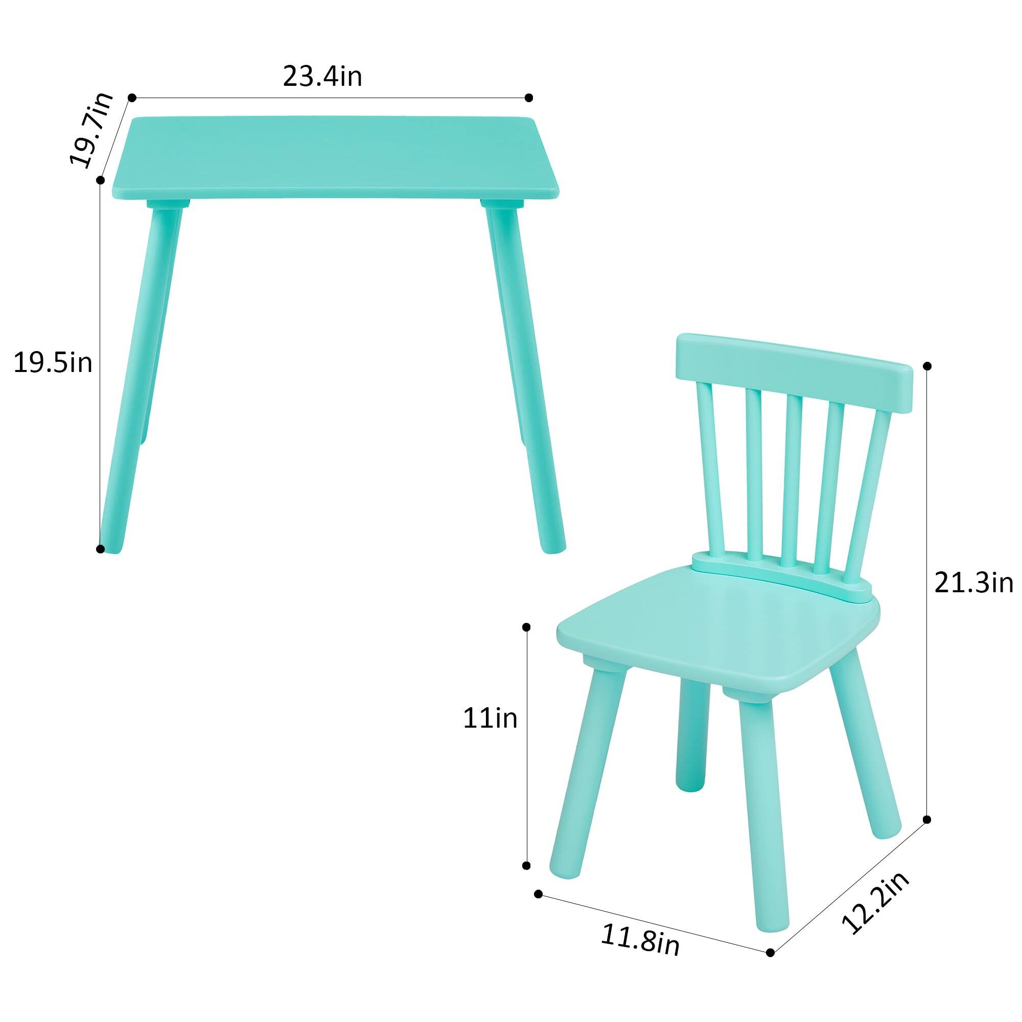 - Table:
  - Length: 23.4in
  - Width: 19.7in
  - Height: 19.5in

- Chair:
  - Height: 21.3in
  - Seat Height: 11in
  - Seat Depth: 11.8in
  - Width: 12.2in