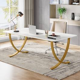 APRILSOUL - 63in Executive Office Desk Modern White and Gold Computer Desk with Faux Marble Tabletop for Home Office or Meeting Room - White+Gold