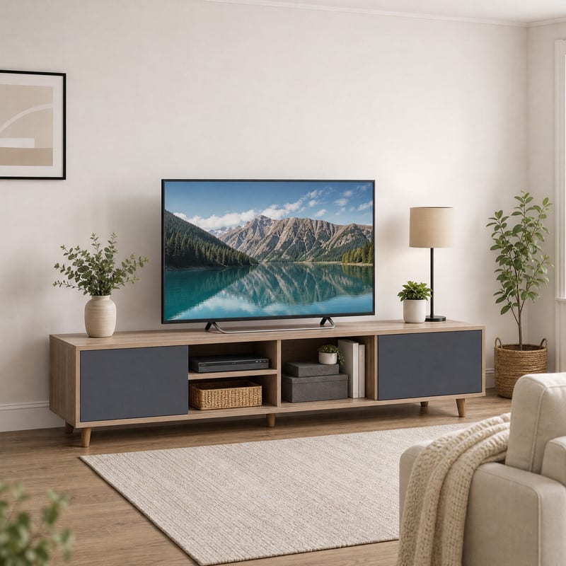 WELLFOR - Modern TV Stand for TVs up to 65'' with 2 Doors& Open Shelf, Mid Century Entertainment Center Media Console Table - Natural + Gray price history on PriceWatchPro