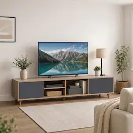 WELLFOR - Modern TV Stand for TVs up to 65'' with 2 Doors& Open Shelf, Mid Century Entertainment Center Media Console Table - Natural + Gray