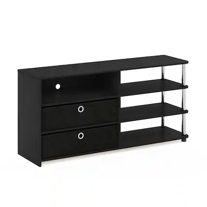 Front. Furinno - JAYA Simple Design TV Stand for up to 55-Inch with Bins, Stainless Steel Tubes - Americano/Stainless Steel/Black.