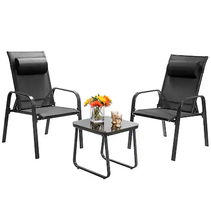 Front. Costway - Costway 3PCS Patio Bistro Furniture Set Adjustable Back Stackable Chairs - Black.