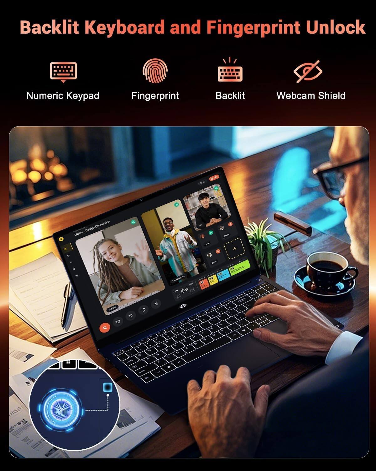 Backlit Keyboard and Fingerprint Unlock

- Numeric Keypad
- Fingerprint
- Backlit
- Webcam Shield