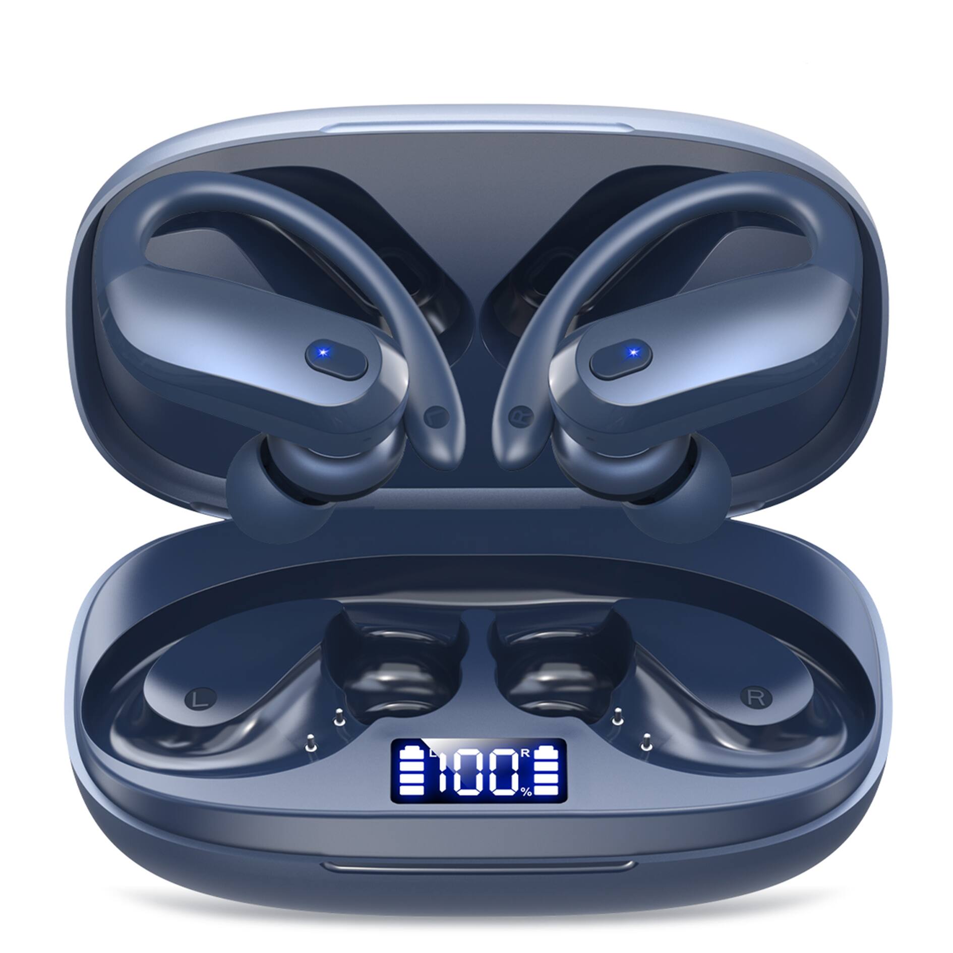 Trigiz - Sports Wireless Earbuds Bluetooth 5.4: Earhooks, IPX7, 7.8g Light, 80H Playtime, Noise Cancelling Mic (Gym/Running) - Blue