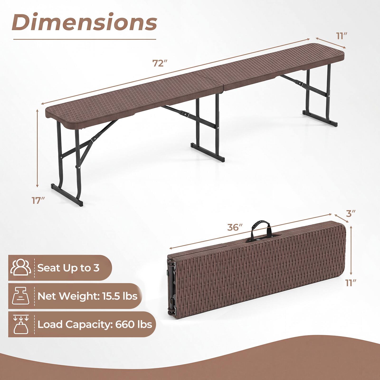 Dimensions: 11" x 72" x 17" x 36" x 3"  
Seat: Up to 3  
Net Weight: 15.5 lbs  
Load Capacity: 660 lbs