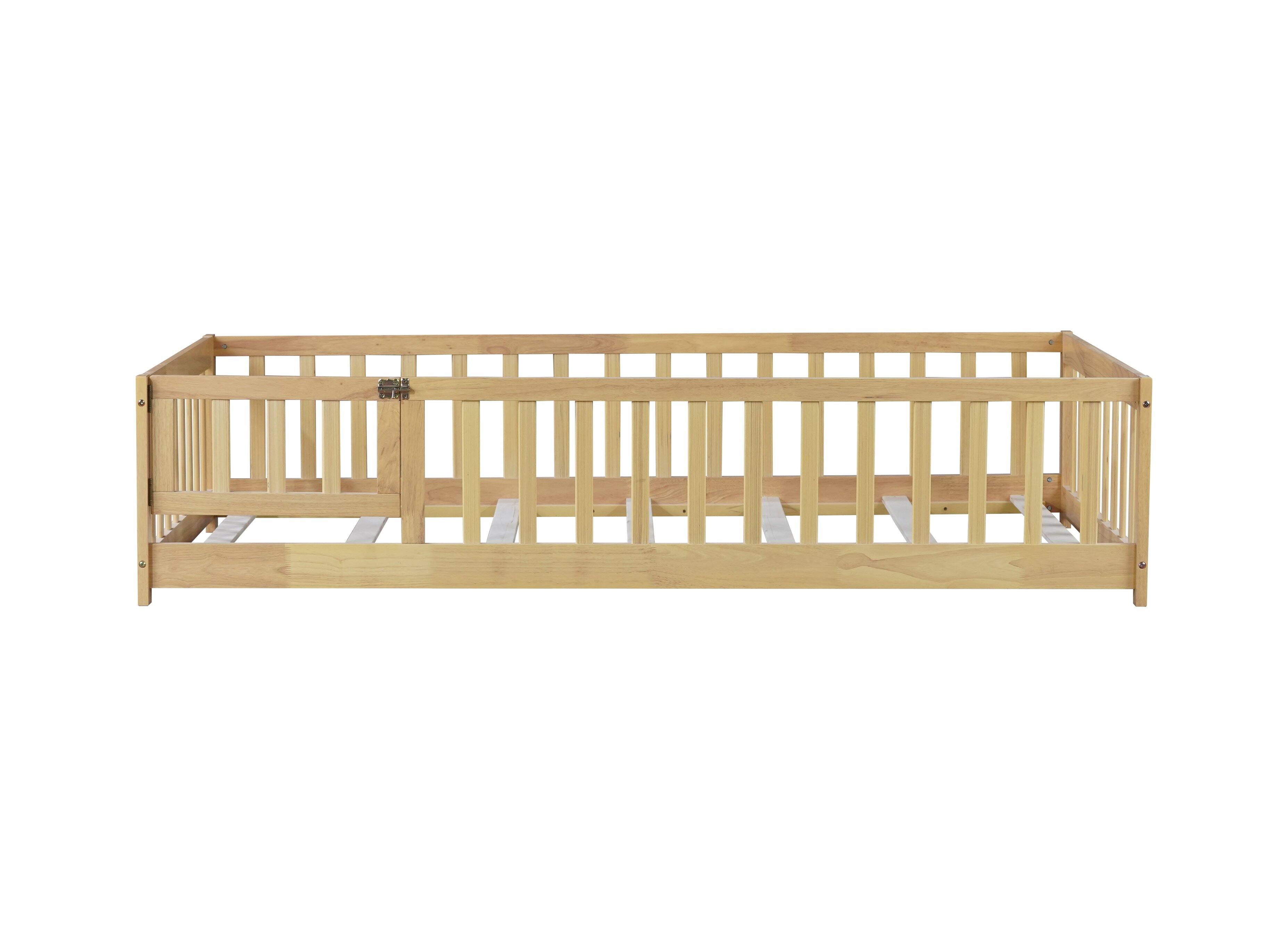 Alt View 8. Tiramisubest - Twin Size Floor Bed with Fence and Door,Rubber Wood Floor Bed with Safety Guardrails,Natural - Natural.