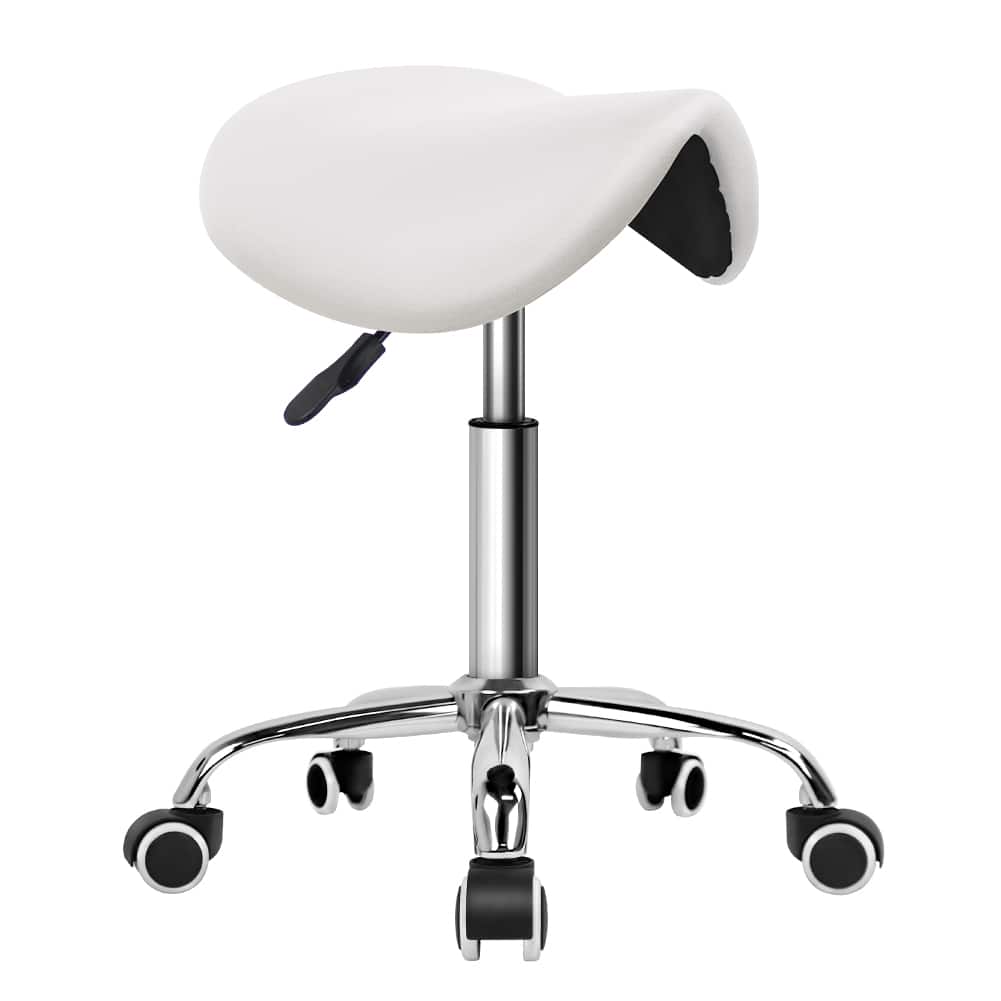 KKTONER - Rolling Saddle Stool PU Leather Swivel Adjustable Rolling Stool with Wheels Salon Chair - White