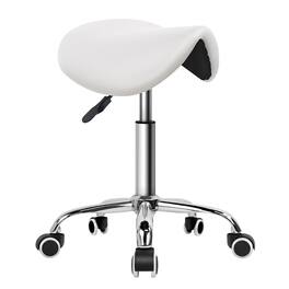 KKTONER - Rolling Saddle Stool PU Leather Swivel Adjustable Rolling Stool with Wheels Salon Chair - White