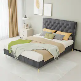 Loheer - Full Size Suede Bed Upholstered Platform Bed Frame with Soft Headboard Sturdy Structure - Gray