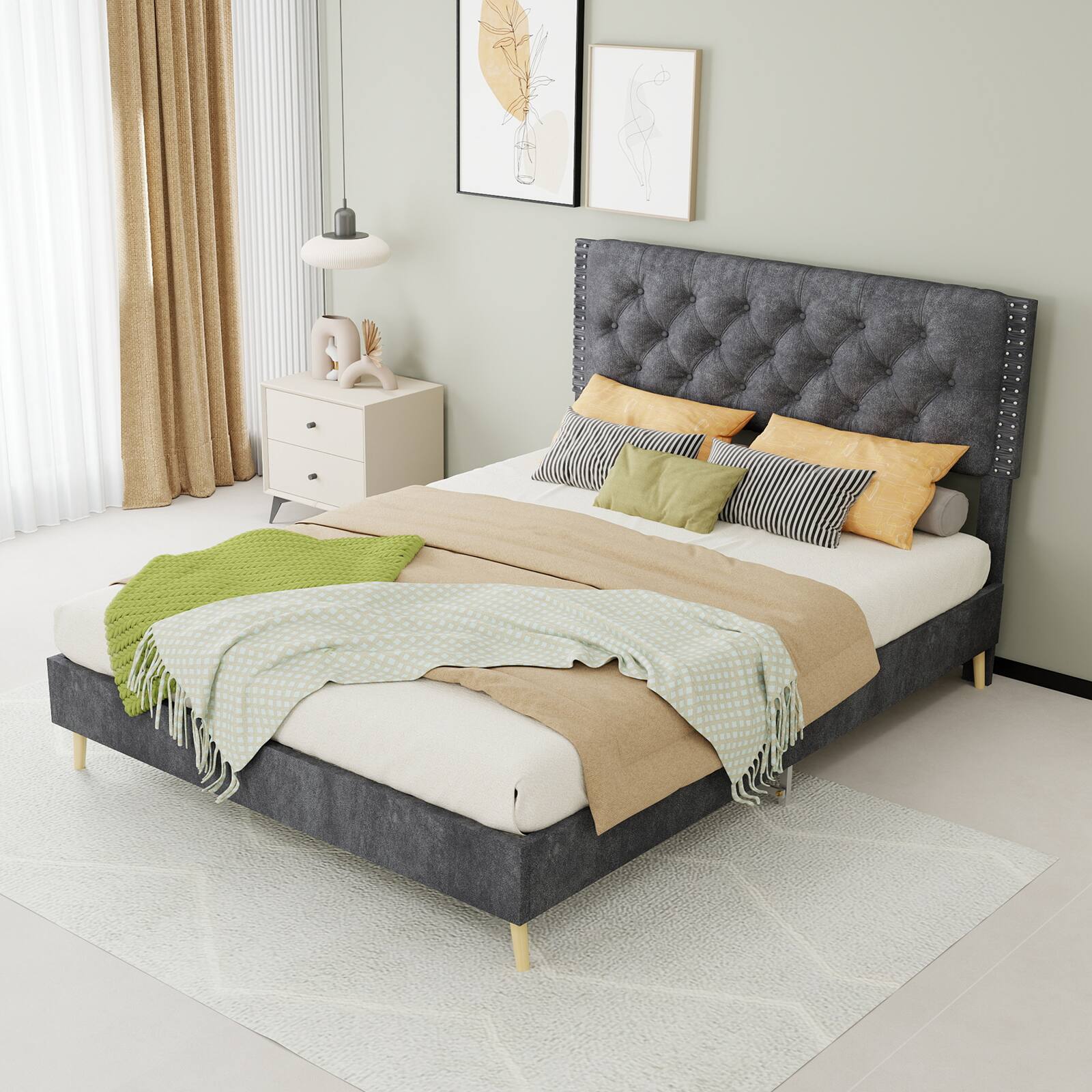 Front. Loheer - Loheer Full Size Gray Suede Bed Upholstered Platform Bed Frame with Soft Headboard Sturdy Structure - Grey.