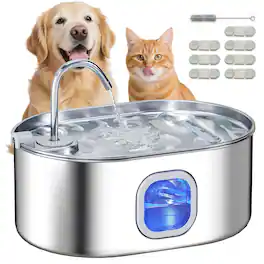 Pawhut - Cat Water Fountain Stainless Steel,Automatic Pet Fountain with Filters, Pump, Window, Bowl Dispenser - Silver