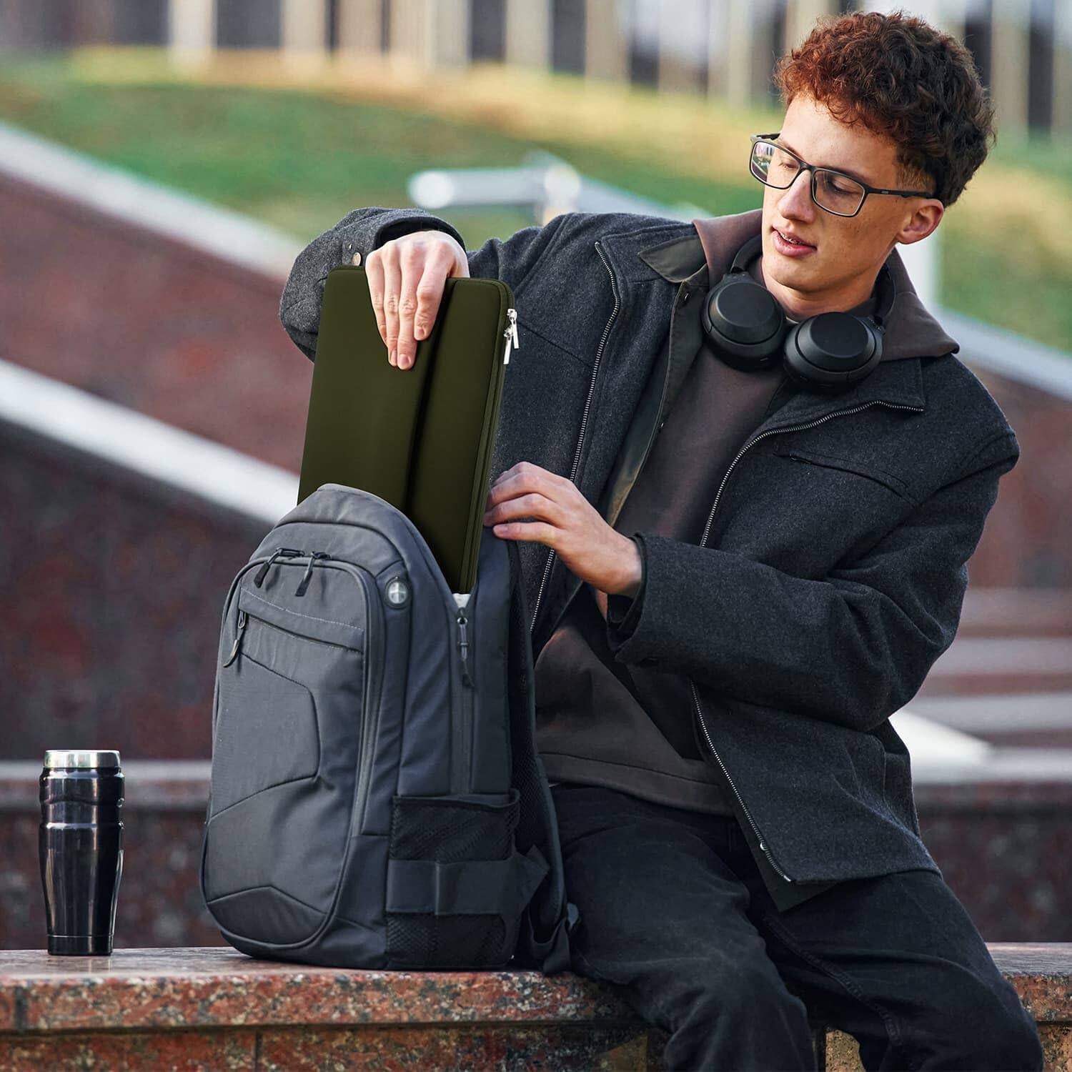 Alt View 2. Core Tech - 13-14 Inch Padded Laptop Sleeve with Front Accessory Pocket - Army Green.